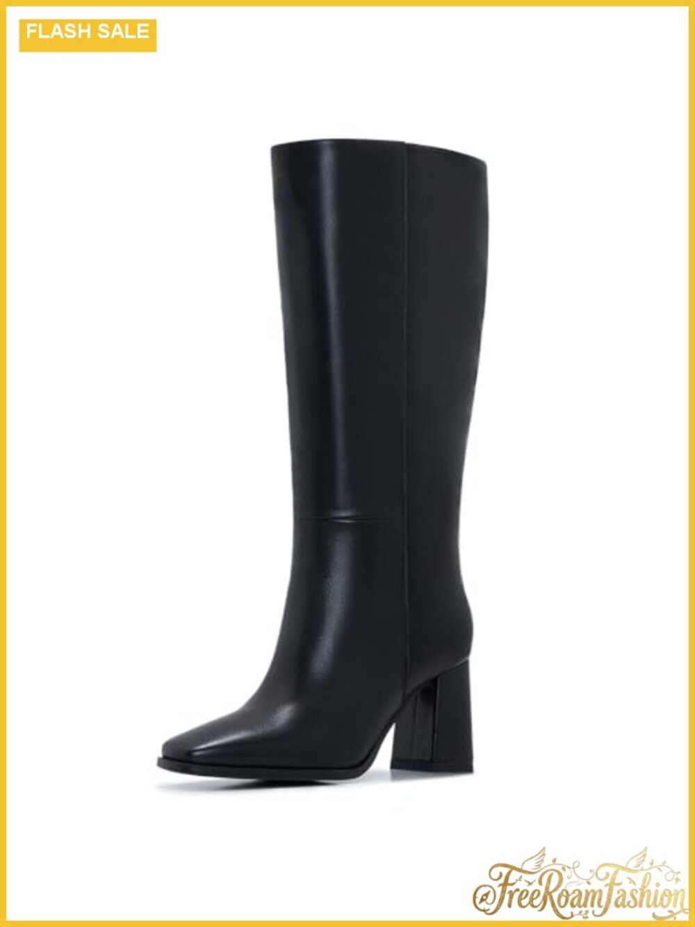 Women's Knee High Wide Calf Boots Faux Leather Chunky Heel Square Toe Zipper